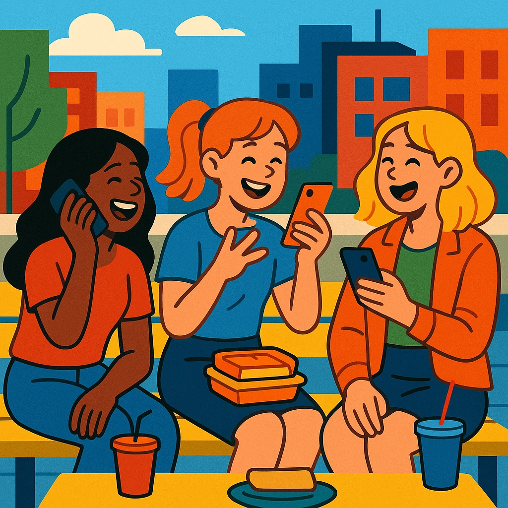 three young women on a lunch break, each on their phone, laughing and talking, urban background, relaxed and social vibe emoji
