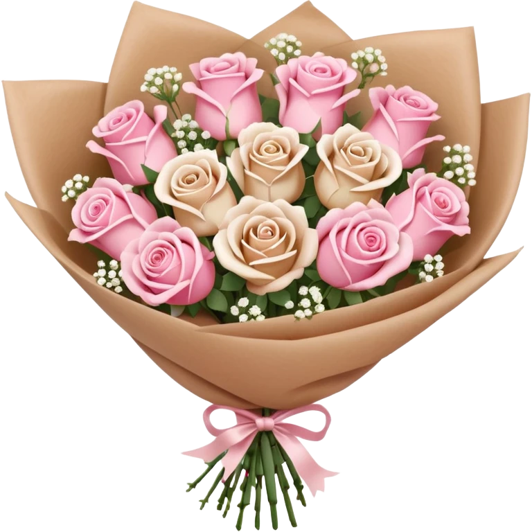 A brown paper-wrapped bouquet of pink and white fresh roses and baby’s breath emoji