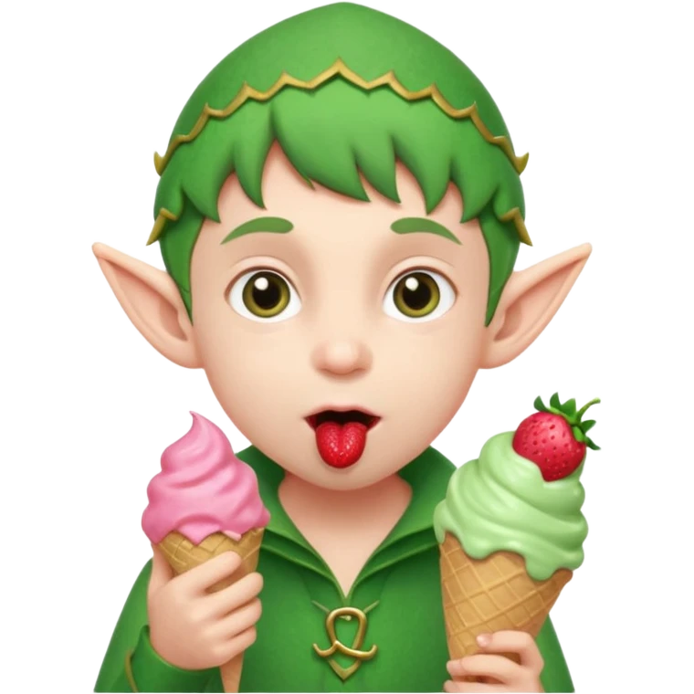 
A young elf boy in leafy clothes licking a triple-scoop ice cream with wide eyes.
baby elf with strawberry ice cream




 emoji