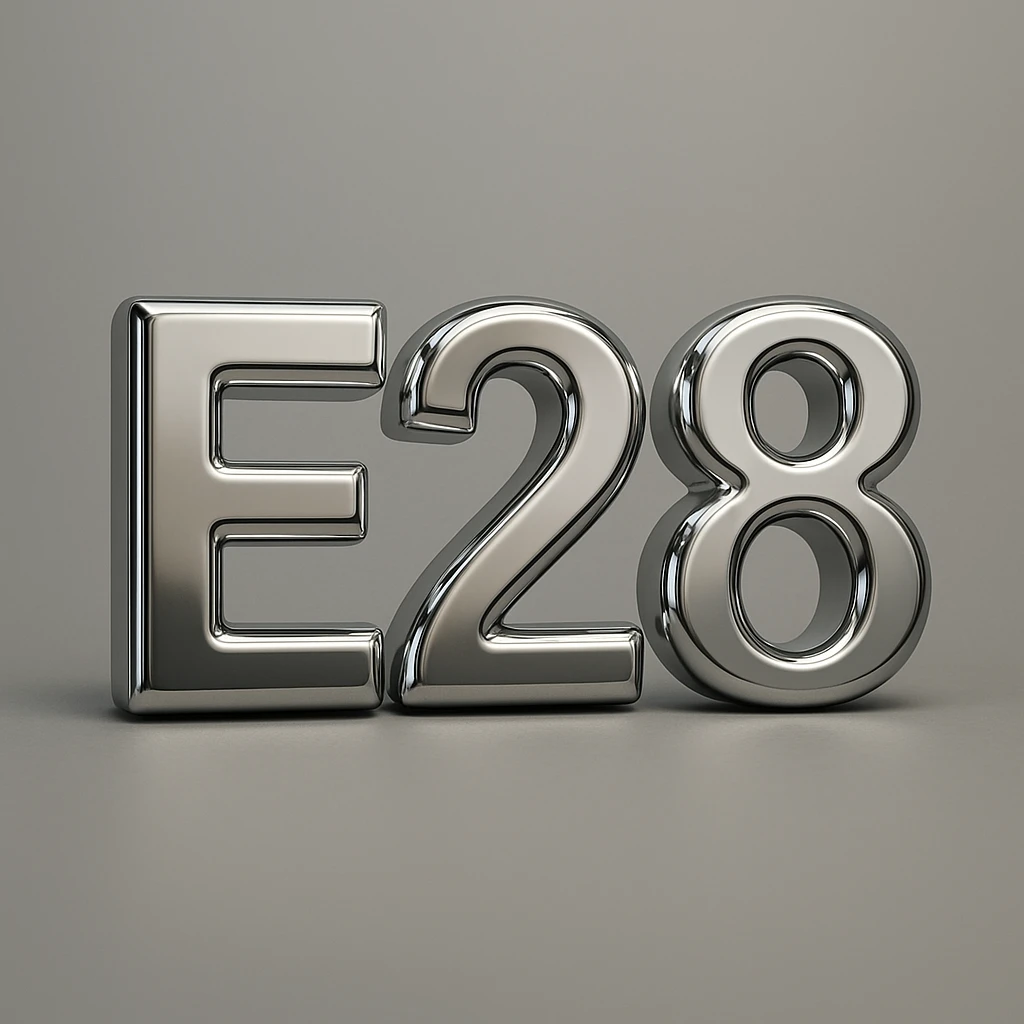 3D chrome letter 'E28' with a reflective surface emoji