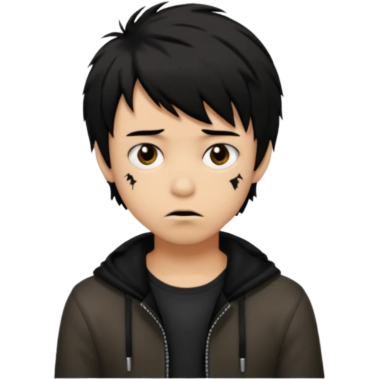 Boy, light brown skin, black hair, short long, emo, shaggy, creepy expression emoji
