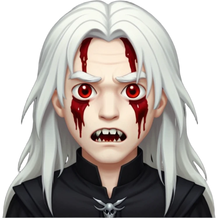 Creat a young man Vampire that have long white hair and white skin and full black eyes and bloody mouth and full black outfit and long fangs and scary dead cold eyes emoji