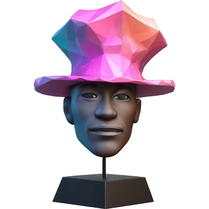sculpture Mage hat without . Hat is geometric, faceted design. The hat is standing upright on a base with angular and baroque features. The vibrant midtone tints of pastels and pink highlights the sharp edges and planes. detailed hat no person is wearing emoji