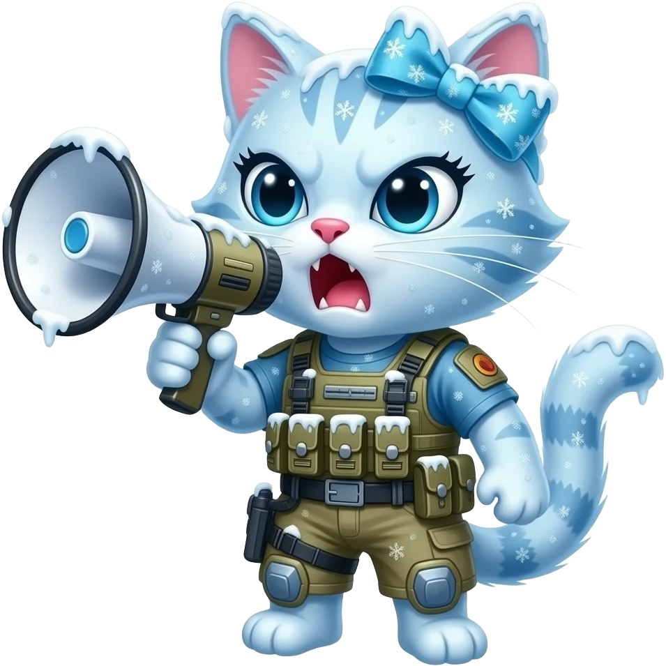 a sleek pretty cat  made from ice snow & snowflakes and covered from frost. the cat is wearing a bow on head, frost-covered modern warfare gear & using a megaphone to yell. the cat has long eyelashes & pink claws & furious outraged expression emoji