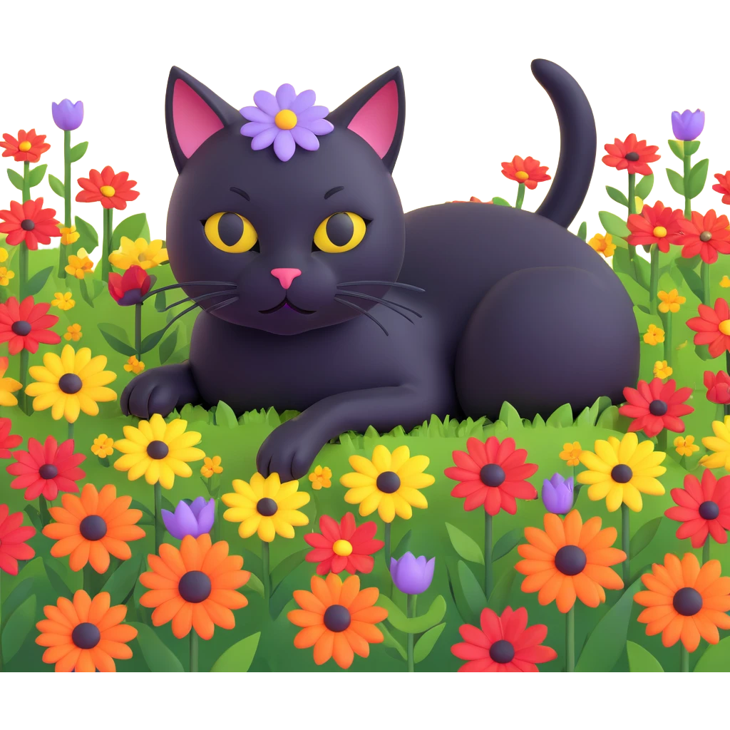 A black cat with a flower on its head in a field of flowers, lying down emoji