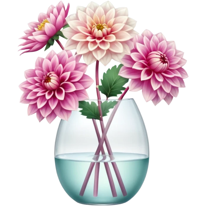 soft pastel realistic dahlia flowers in a clear vase with clear water emoji