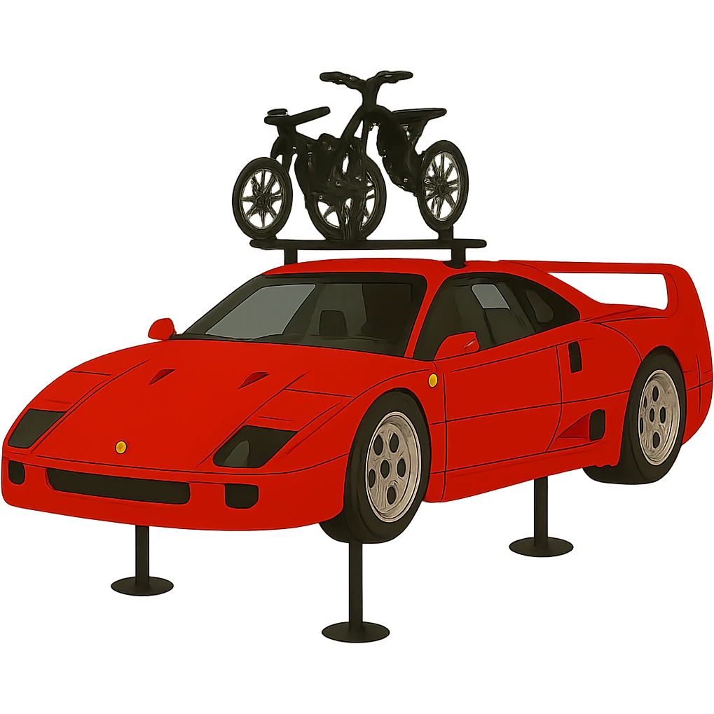 Make the two Sur-Ron electric bikes on the roof rack much smaller, to proper scale—significantly smaller than the cartoonish Ferrari F40, as they would be in real life. Keep the background transparent. emoji