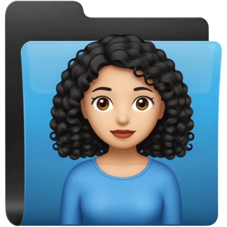 A **simple emoji-style icon** of a **black transparent plastic folder**, sleek and minimal, with **rounded corners**, subtle translucency, soft shading, and a **small logo of a dark skinned latina with curly black hair** on the front.
 emoji
