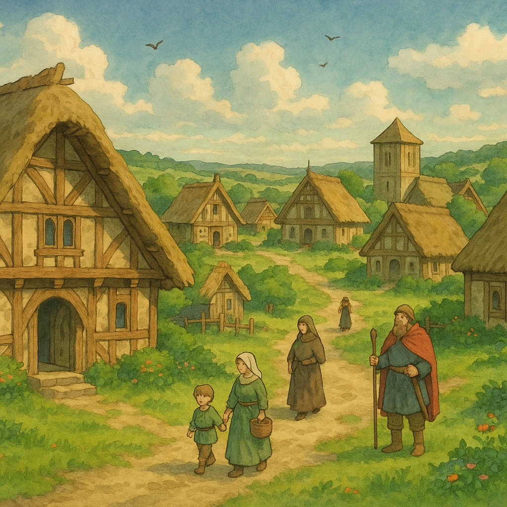 ghibli style Anglo-Saxon village scene, no text emoji