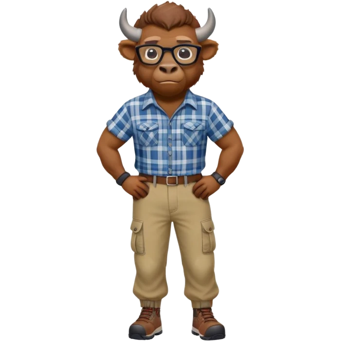 friendly anthropomorphised bison in cargo pants and plaid shirt, wearing glasses, jogging upright, relaxed pose emoji