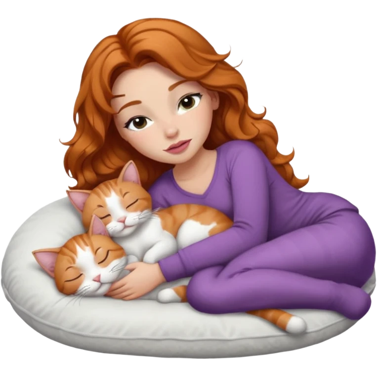 girl with long wavy brown hair, long lashes makeup, sexy pink lips, light to medium complexion,  sleeping on a cozy pillow, with 6 cats: 1 ginger/white, 1 grey with white paws, 1 calico, 2 grey and white and one tabby and white emoji