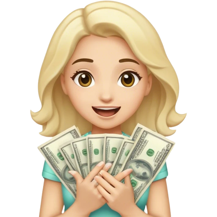 Girl holding lots of money looking excited emoji