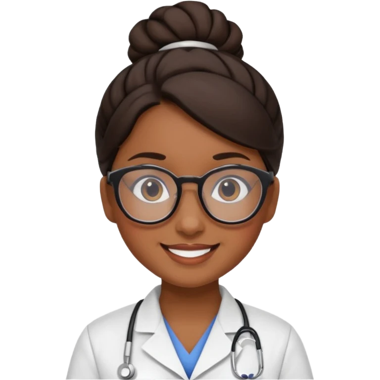 una enfermera escolar con gafas llamativas y un moño pequeño, morena de piel y pelo emoji