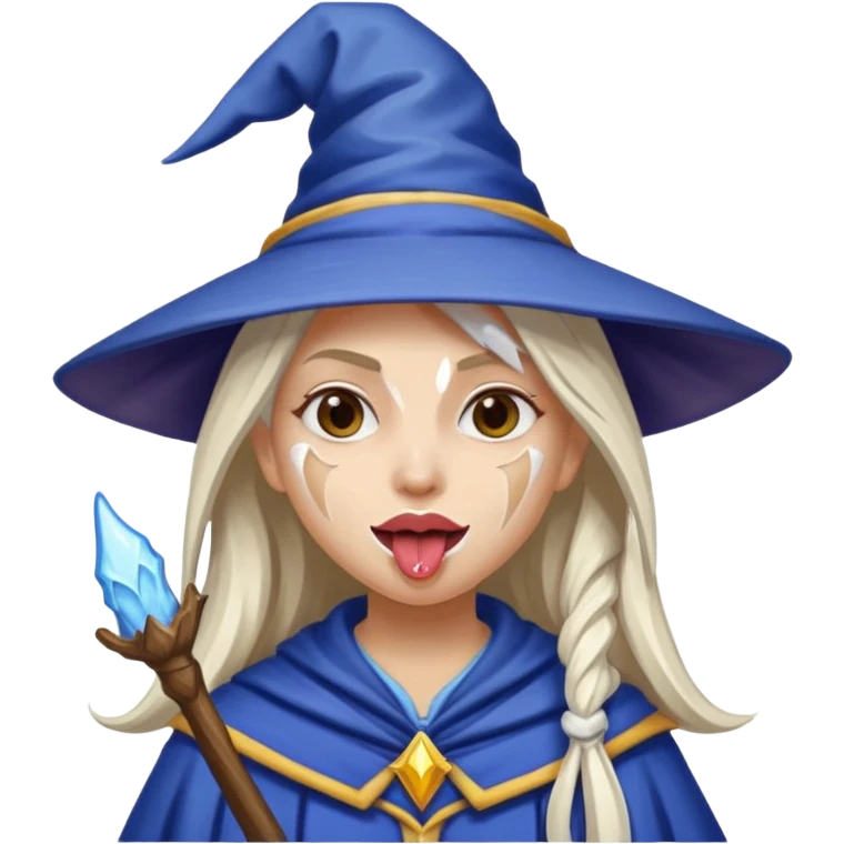 Female wizard with her tongue out and with white paint on her face emoji
