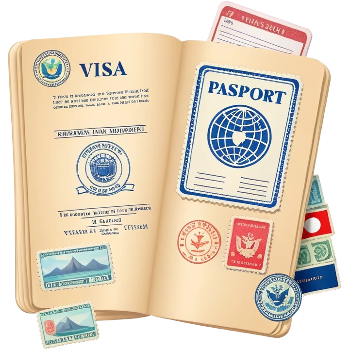 Travel visa document with stamps and passport emoji