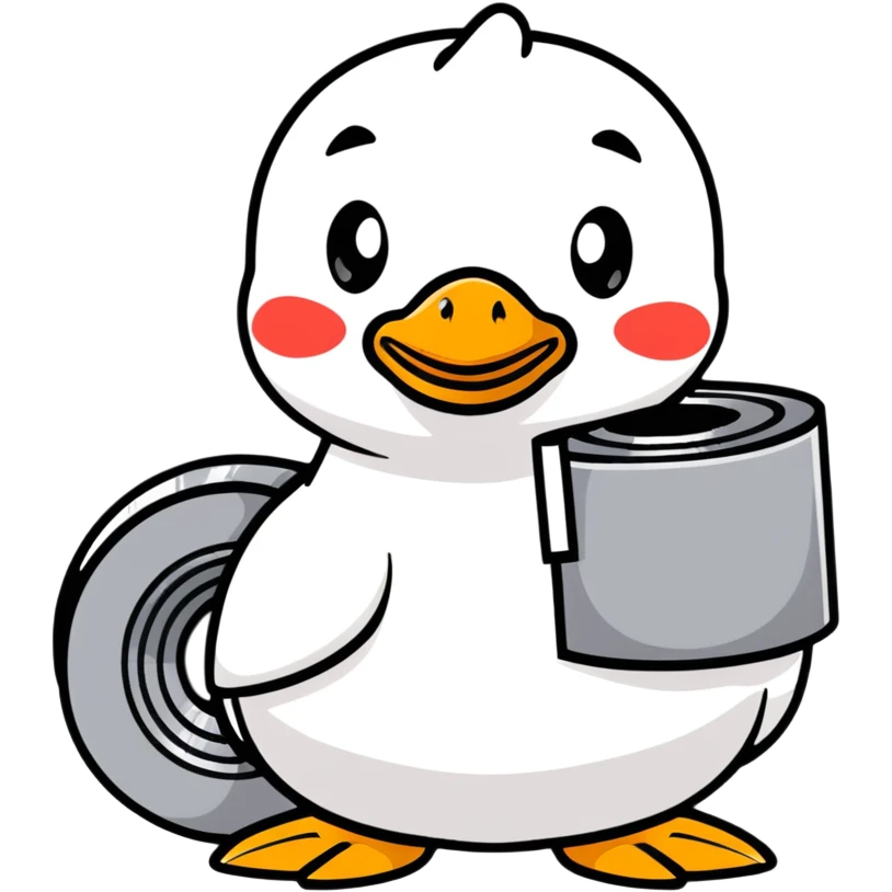 duck holding a roll of duct tape with a funny expression emoji