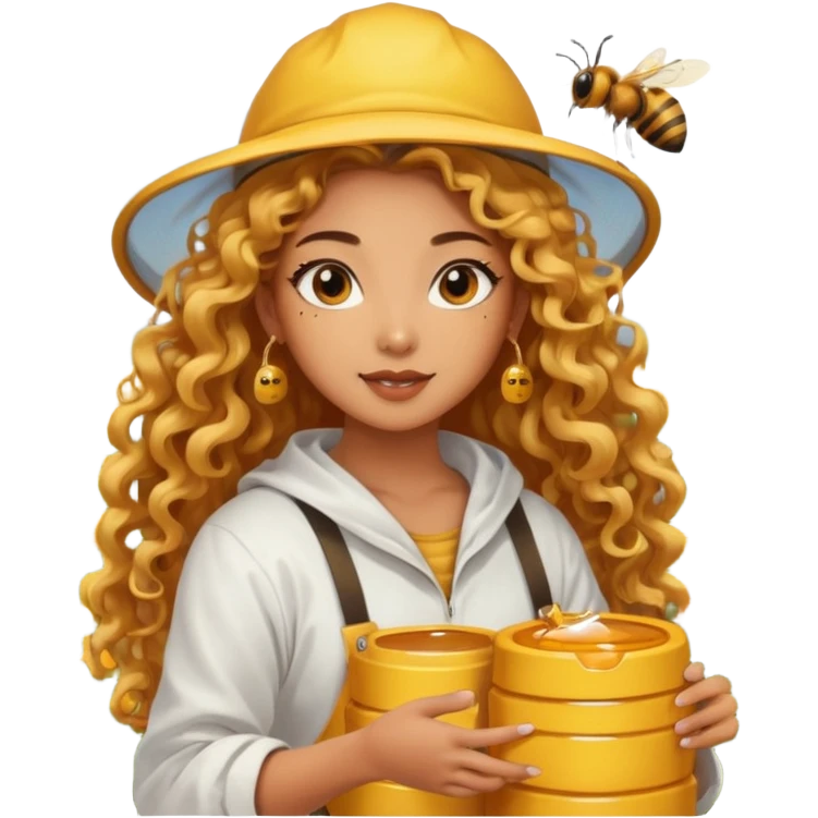 nude girl harvesting honey on bee farm, sexy and muscled, full body nude, tanned asian girl, sexy nude girl, beautiful eyes, makeup, earrings, muscled, surrounded by bees, long golden curly hair emoji