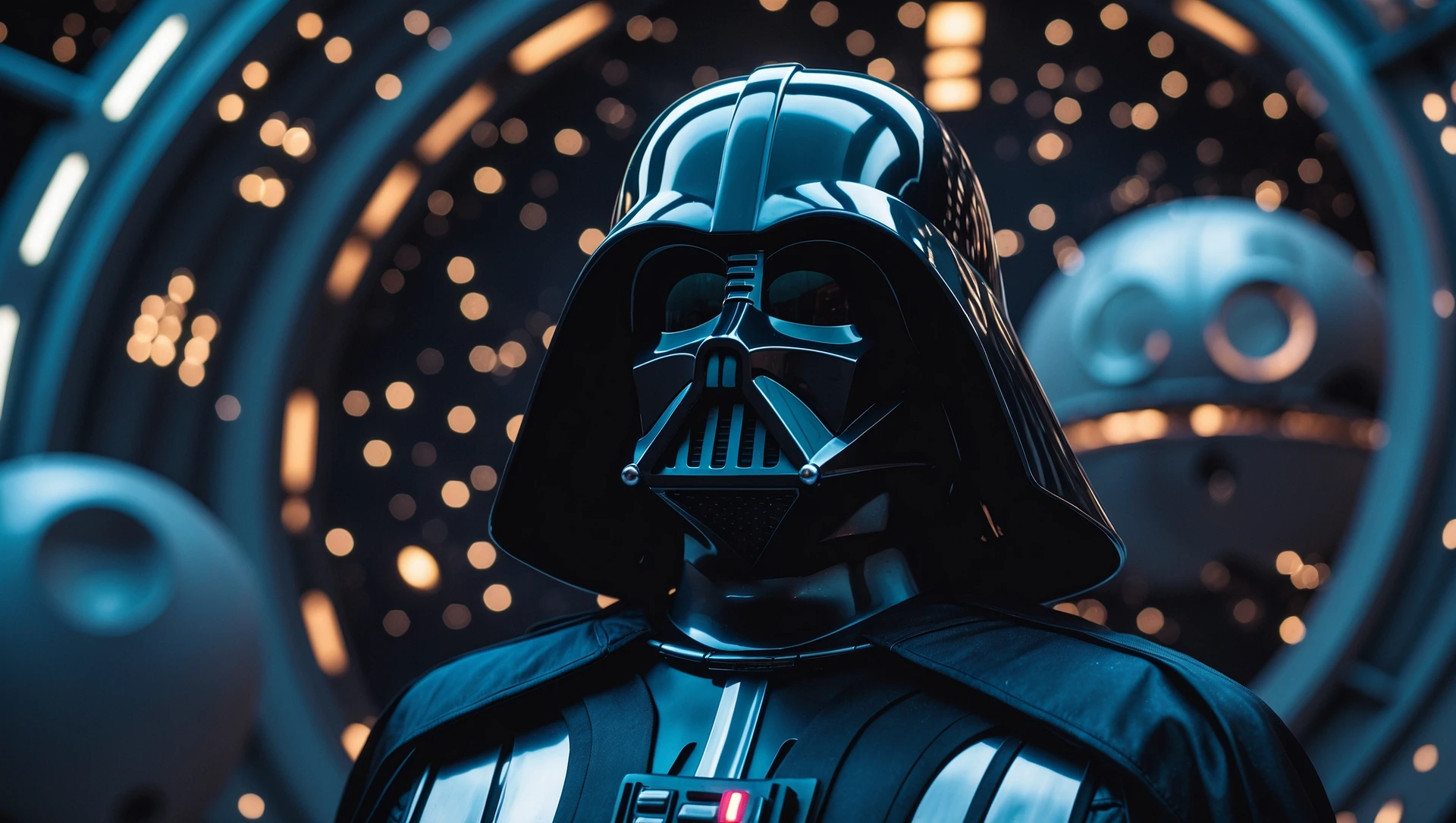 cinematic still, documentary photography, space and death star, well lit scene, Darth Vader floating in space, close up, front shot, rule of thirds emoji