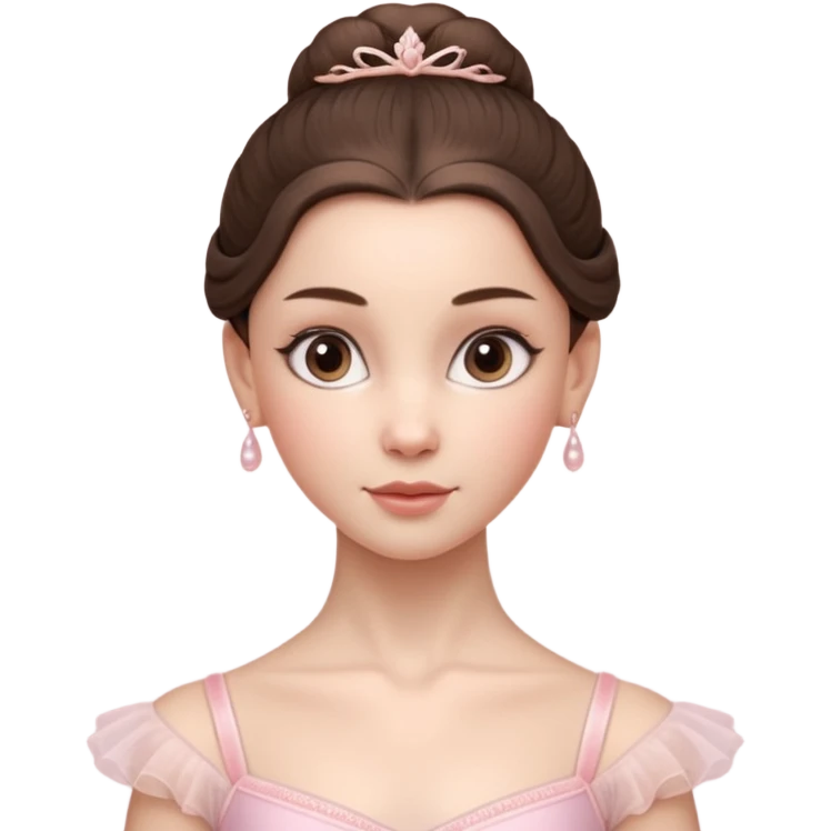 Cinematic Realistic ballerina Portrait, depicted with lifelike skin texture, subtle rosy undertones, and soft natural lighting that enhances the gentle contours of her face. Her intricately detailed sweet brunette hair is elegantly styled, emoji