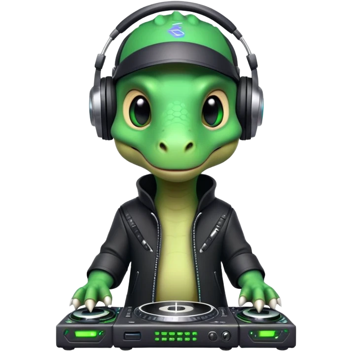 Dinosaurio muy tierno músico DJ con ropa negra futurista verexxo color verde emoji