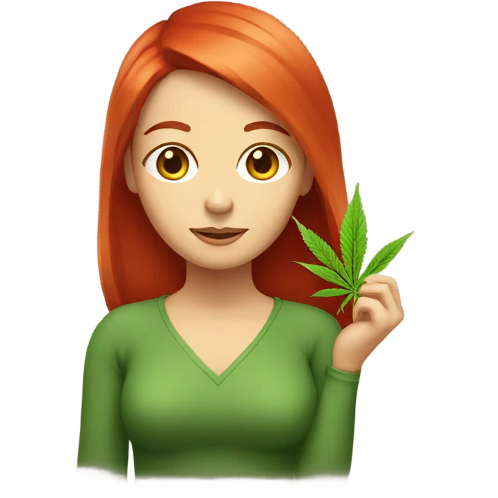 female red hair, sitting, holding marijuana leaf  emoji