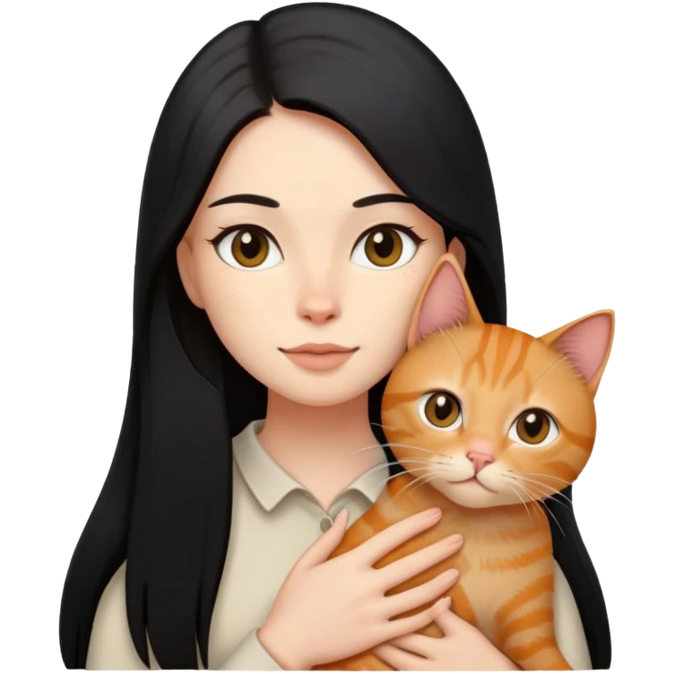 Woman with black long straight hair holding a ginger cat  emoji