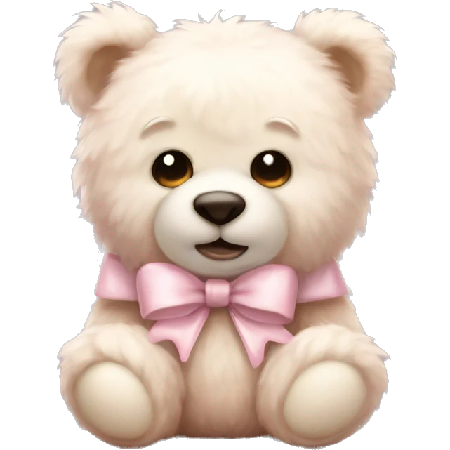 very fluffy pale teddy bear, cute, pale pink bow emoji