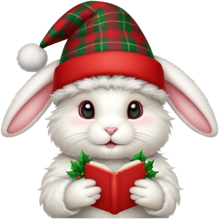 fluffy white angora rabbit wearing red and green plaid Christmas hat held in hands emoji