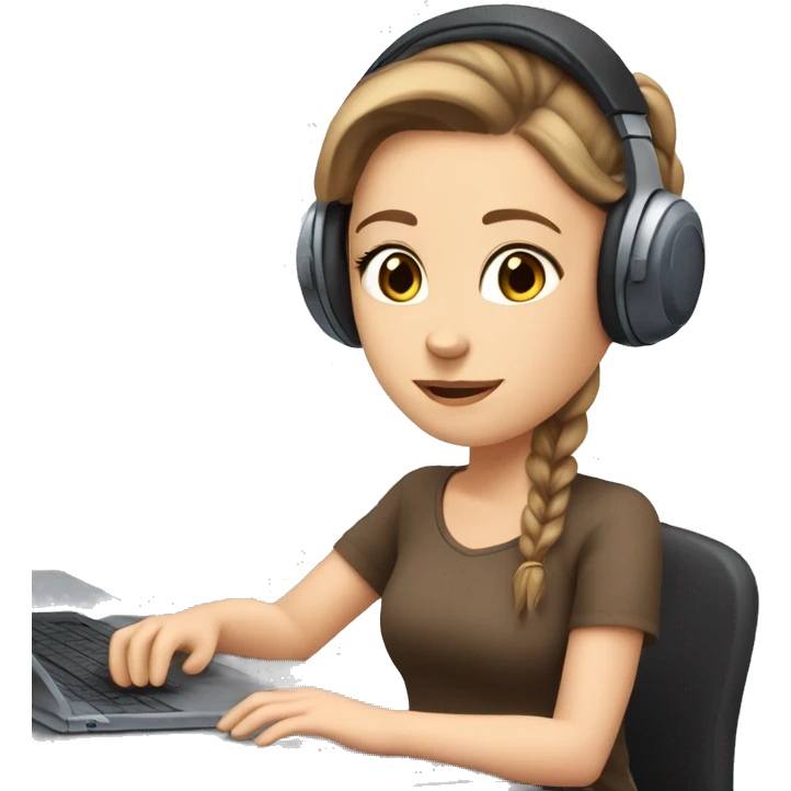 white girl at desk, brown hair, ponytail, blue eyes, computer, headphones emoji