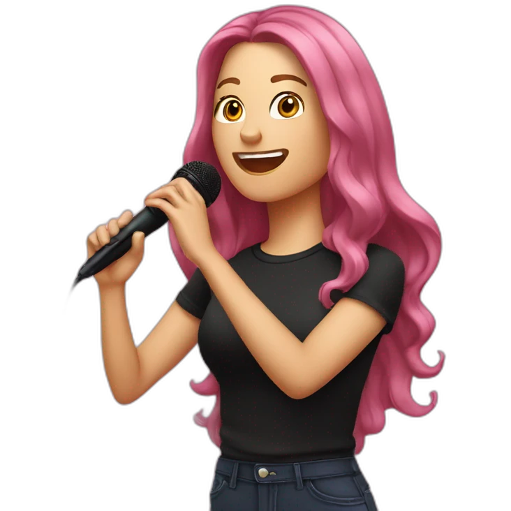 Caucasian woman with long hair and pink highlights, with a microphone singing, wearing a black t-shirt emoji