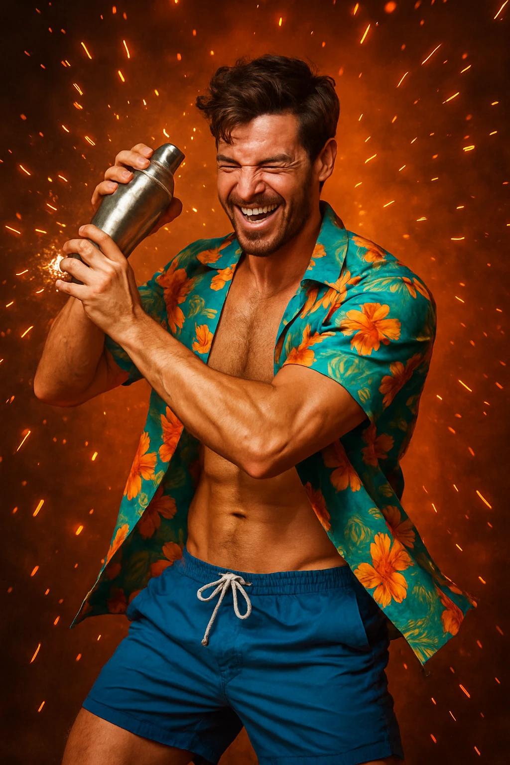 human male Unbuttoned Hawaiian shirt, swim trunks, shaking a cocktail shaker (sparks flying) emoji