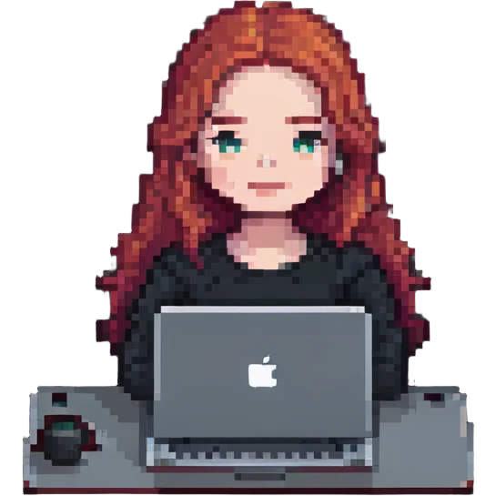 white-skinned red-haired woman using a MacBook, pixel art style emoji