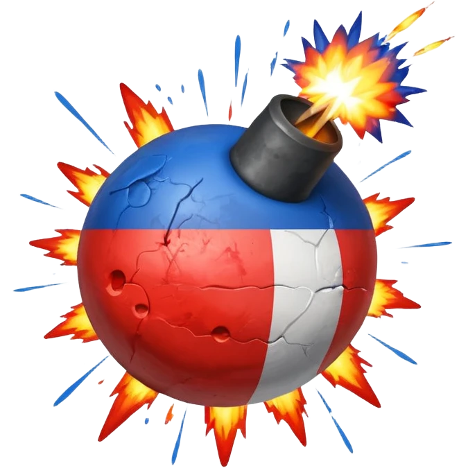 bomb emoji painted with French flag colors with explosion effect emoji