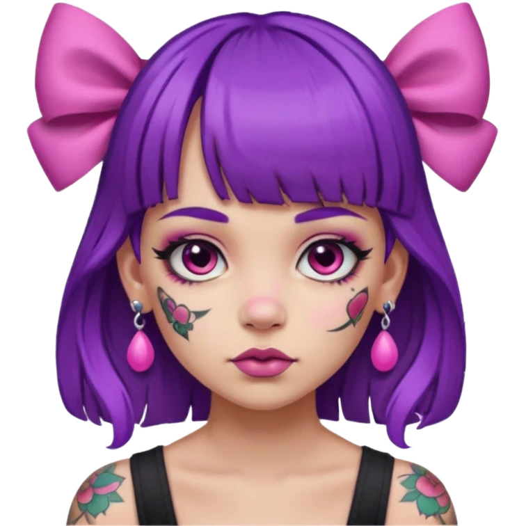 girl with bangs and purple hair and pink hairbow on the side of head and earrings and very heavy face tattoos emoji
