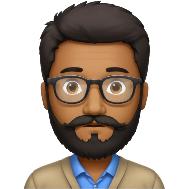 Indian software developer with beards and specs, with few white hairs in mostly black beard and hair. Hair fluffy and back brushed. Mustache and beard not neatly done emoji