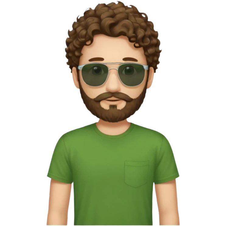 a self asured white male. brown hair. green t-shirt. blue background 5 days beard. sunglasses. longer curly hair emoji