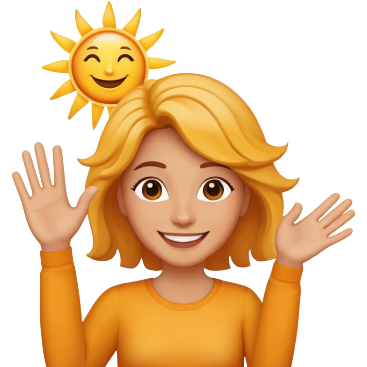 a person waving and saying good morning, sun rising in background, cheerful and friendly emoji
