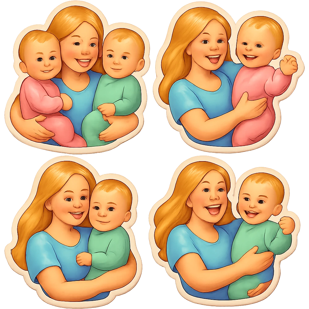 one-year-old twin girls with short light hair sitting on the arms of their mother with long light hair, all wearing pastel cute clothes, soft shadows and highlights, retro stickers style, multiple pose variations emoji