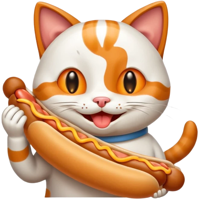A cartoon cat eating a hot dog emoji