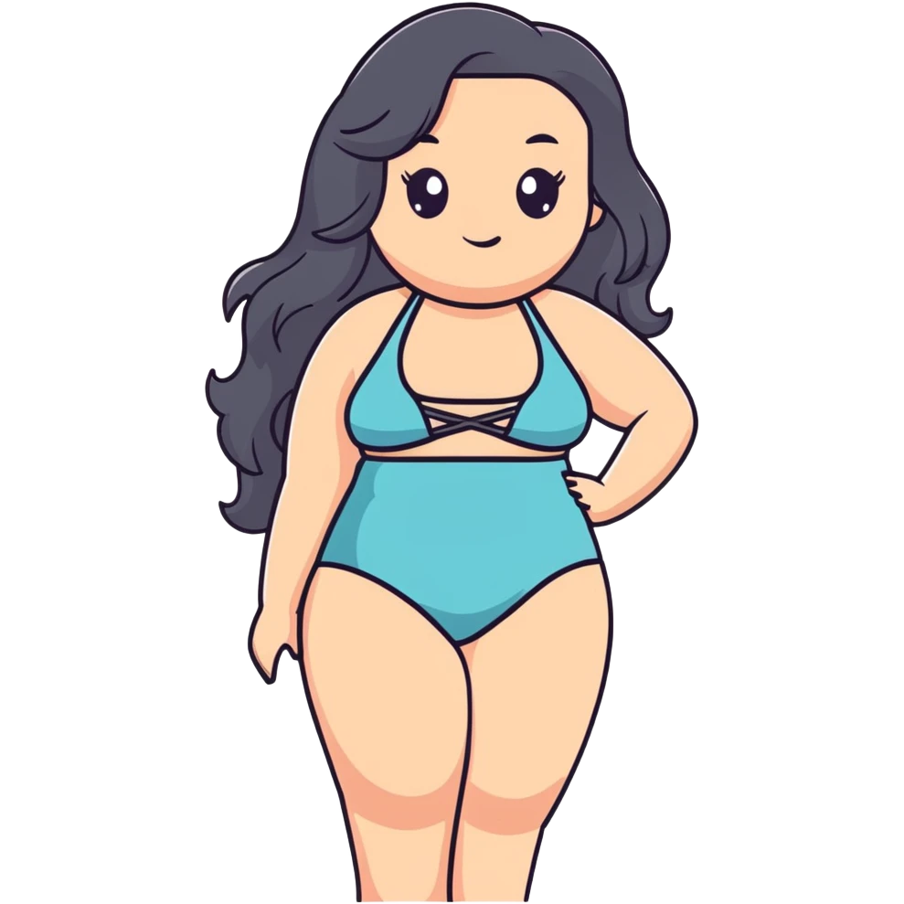 beautiful curvy woman with fair skin, long wavy black hair, and gray eyes in swimwear emoji
