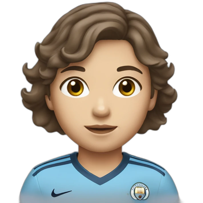 girl with short wavey brown hair and eyes wearing Manchester City football shirt emoji