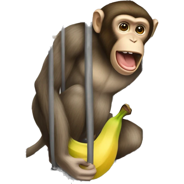 The monkey's outside. Banana inside the cage.  Monkey trying to get the banana out of the cage emoji