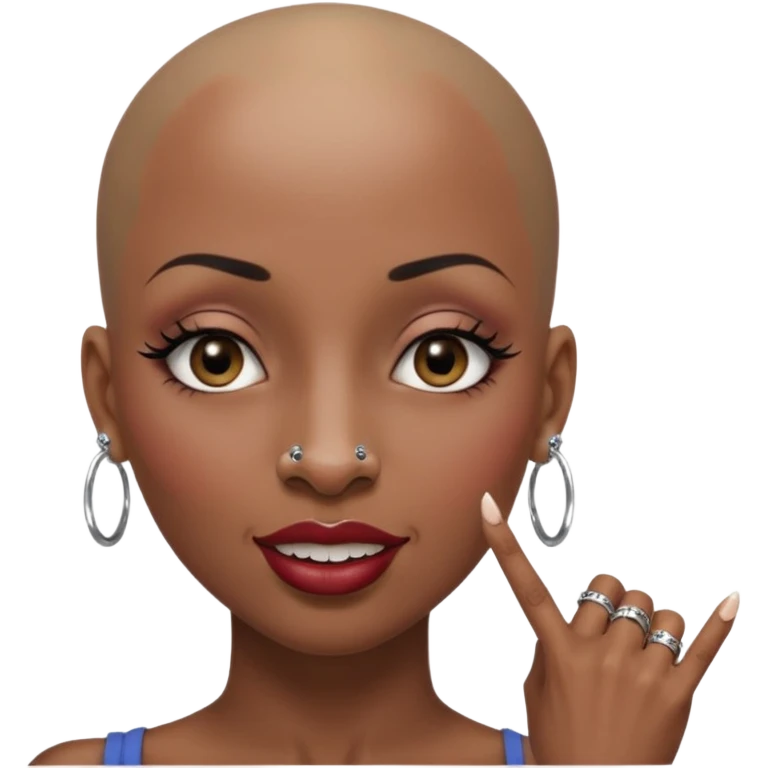 Grown black (proud) woman, bald with a perfect head, a prominent nose with a septum piercing, many piercings on her ears, a gap between her front teeth and very long nails (cynthia erivo) a proud lesbian, with long lashes and her finger tapping the top of her head emoji