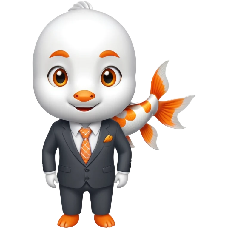 A charming and professional koi fish character, sleek rounded body with orange and white patterns, expressive eyes, friendly smile, wearing a neat business suit, white shirt, and tiny tie emoji