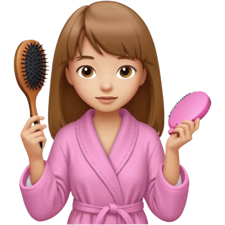 a girl with light skin and medium brown long hair with bangs who is brushing her hair with a hairbrush and she is wearing a light pink bathrobe emoji