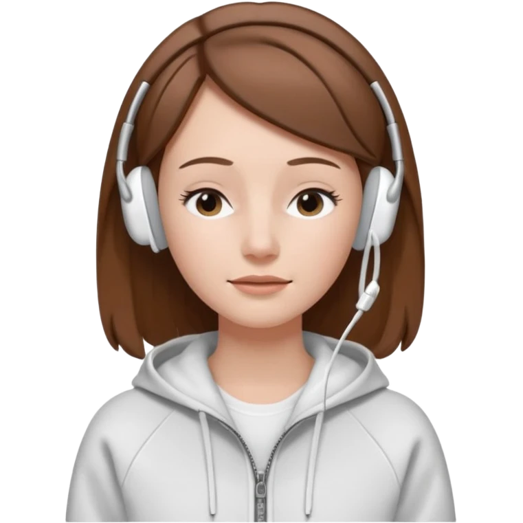 A clean, minimal emoji-style illustration of a white girl with brown hair worn loose. Her eyes are closed while listening to music with silver AirPods Max. She’s wearing a white zip-up hoodie. Smooth 3D emoji style, soft lighting, neutral tones. emoji
