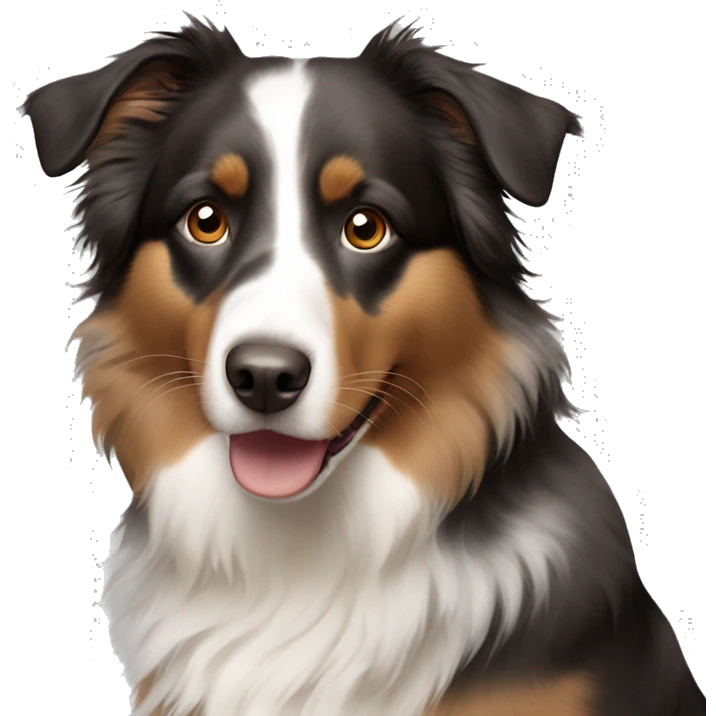 Australian shepherd, black, light brown and white, a white line in the middle of the face, brown stain above brown eyes emoji