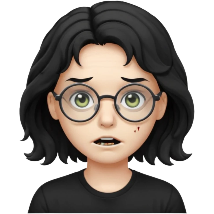 zumbie cabelo ondulado médio preto, camiseta preta, oculos redondo masculino emoji