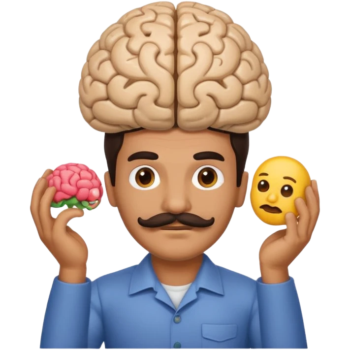 mustachioed man with dark hair holding a brain as an emoji no curl to mustache  emoji
