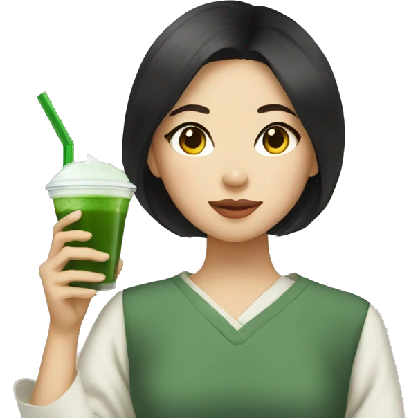 Asian girl with light skin dark hair drinking matcha  emoji